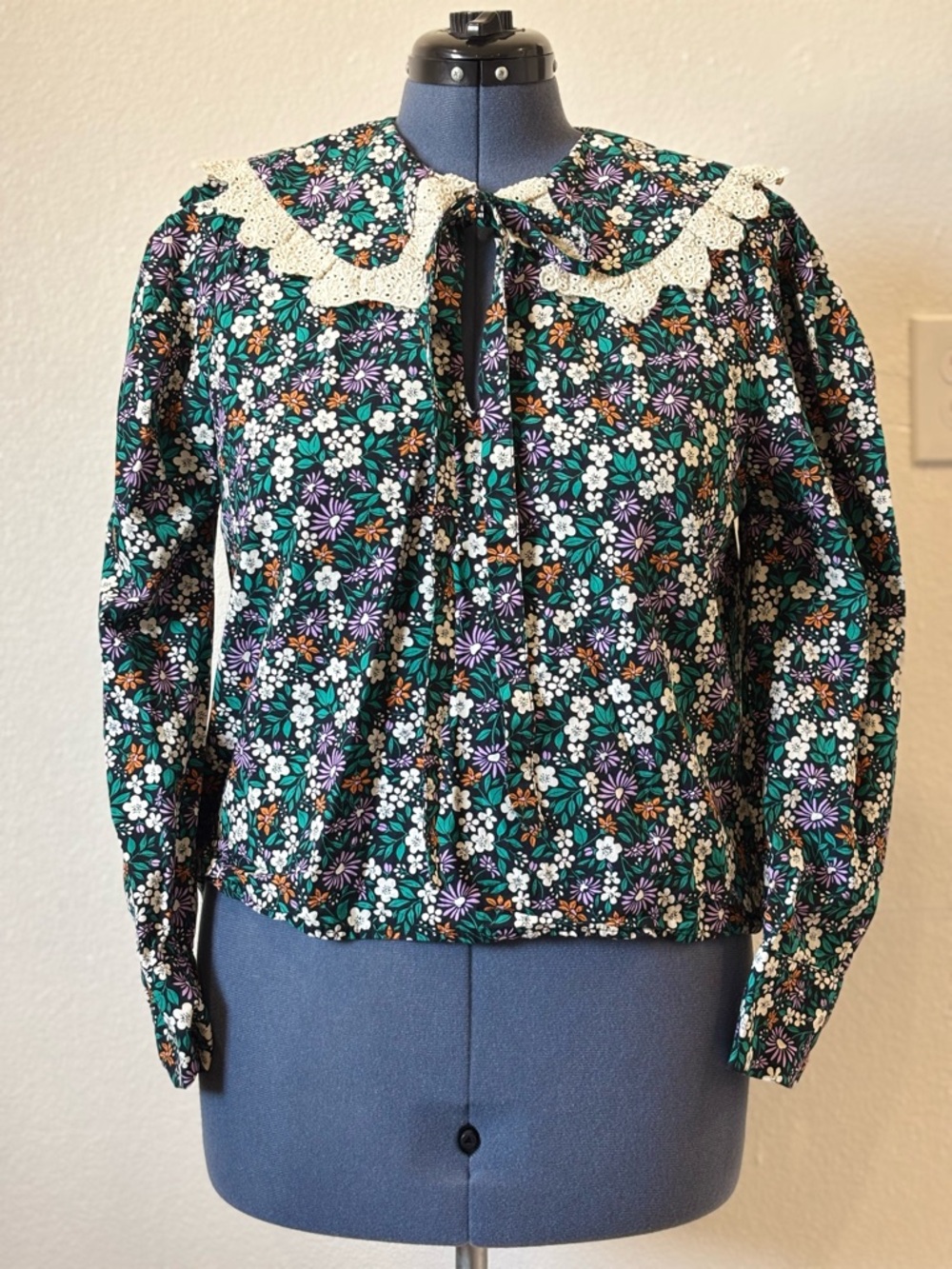 Zara Floral Blouse with Lace Collar in Green, Purple, White